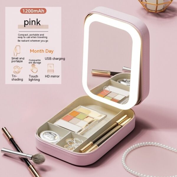 ONECIRCLE makeup bag with LED mirror, Adjustable Brightness LED Cosmetic Train Case with brush storage board suitable for your travel and daily makeup bag with led mirror lighted (pink) - Image 5